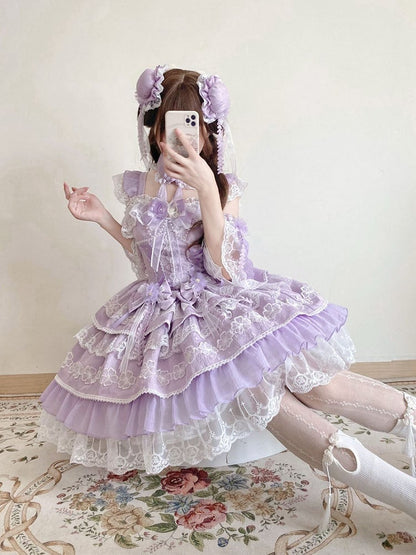 Bows Dress Frog Chinoiserie Flower with Layered Purple Lolita Corset Button Waist