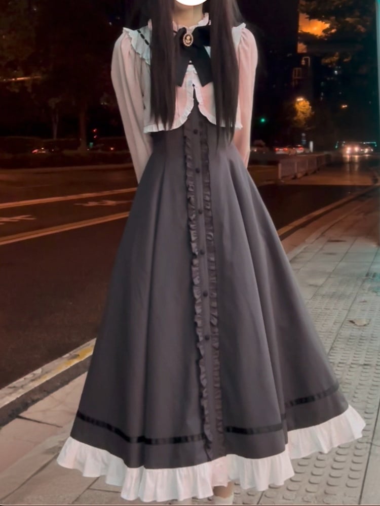 Grau-rosa Fake-Zweiteilerkleid mit Rüschenausschnitt