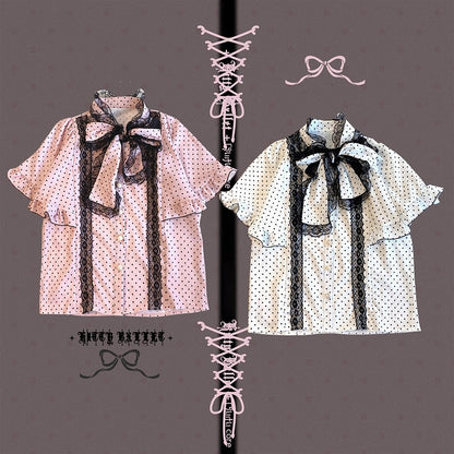 Chiffon Sleeve Polka-dot White/Black Cape Blouse: Jirai Kei