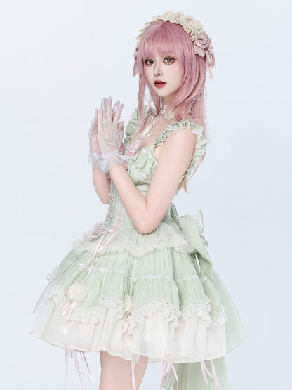 Fairy Light Green Boned Corset Waist Dress - Princess Lolita Jumper Skirt with Flowers - DevilInspired Exclusive Collection