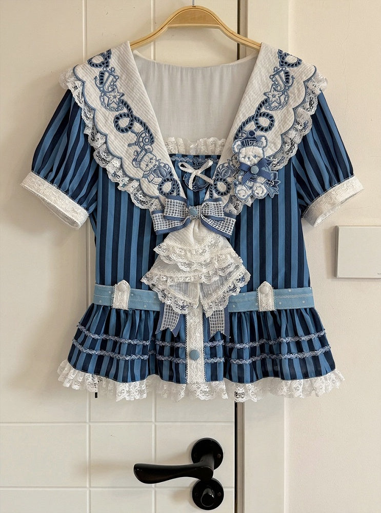 Blue Sailor Bear Embroidered Striped Top with Lace - Twin Bear Original Design