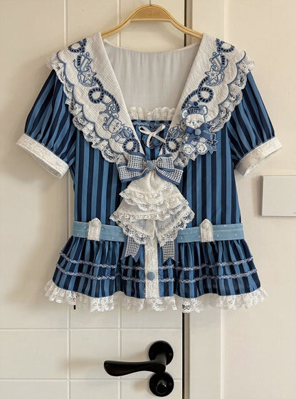 Blue Sailor Bear Embroidered Striped Top with Lace - Twin Bear Original Design