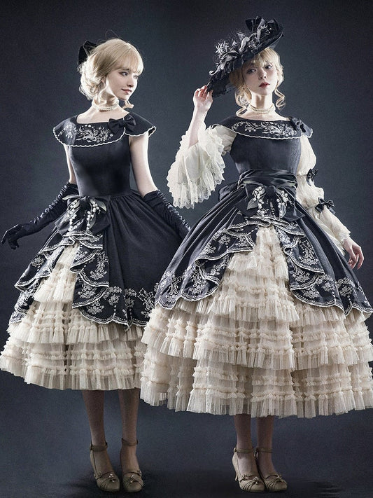 Dress Black Lily with Elegant of Valley Classic Embroidery Beige the Lolita