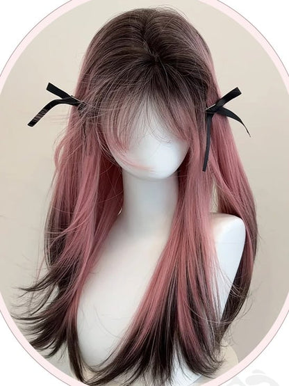 Rosa-schwarze Ombre-Unterbrust-Perücke in glatter Kunsthaarlänge mit Pony