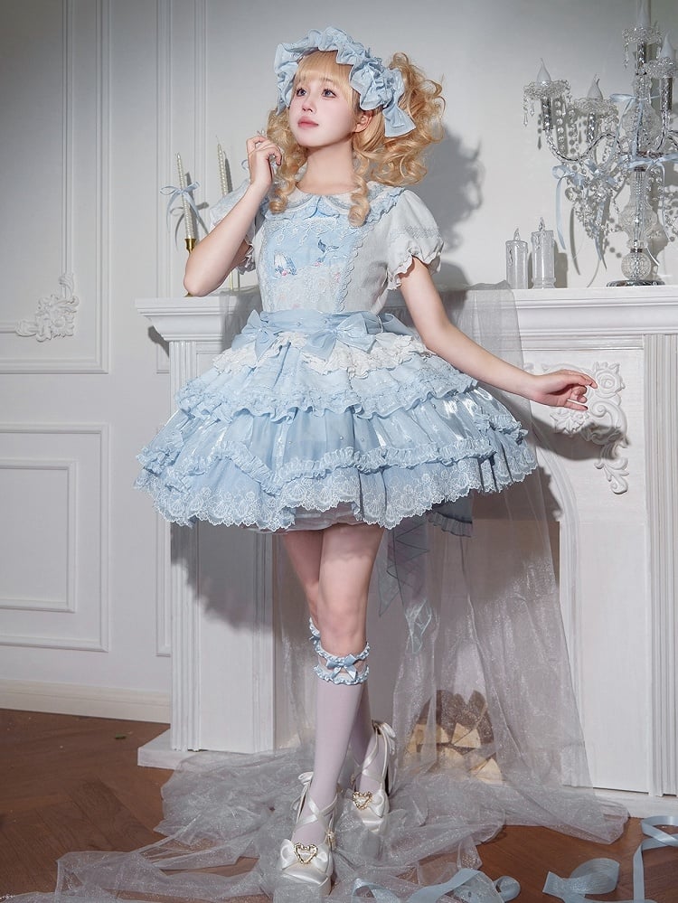 Mieder und Kragen Kleid Blau Peter Pan Print Stickerei Süß Weiß Strand Lolita Wal