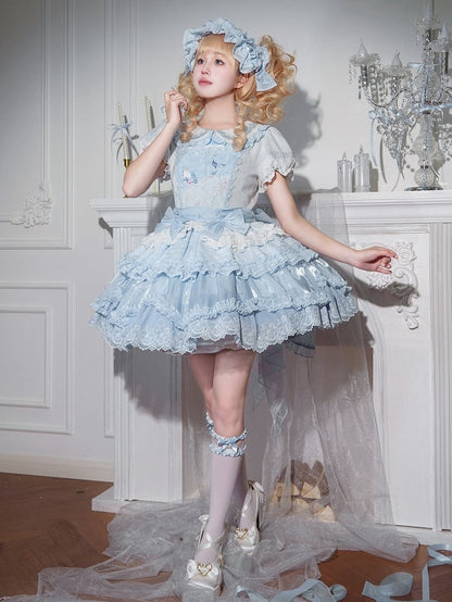 Bodice and Collar Dress Blue Peter Pan Print Embroidery Sweet White Beach Lolita Whale