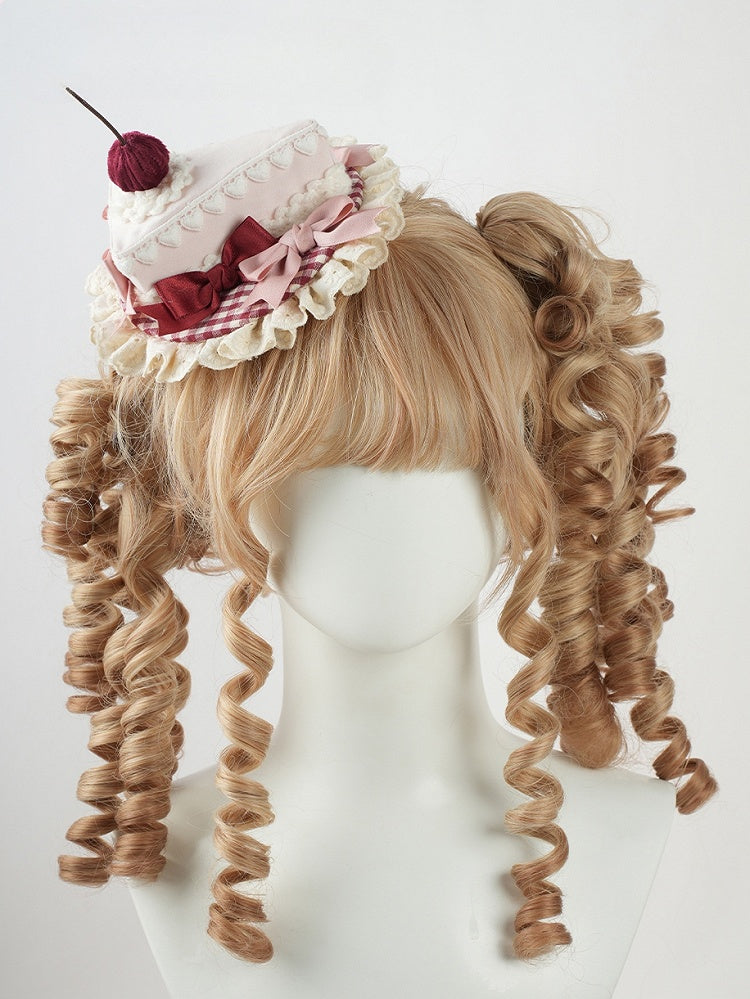 Sweet Lolita Pink Bow Ruffled Trim Red Cherry Triangular Cake Mini Hat