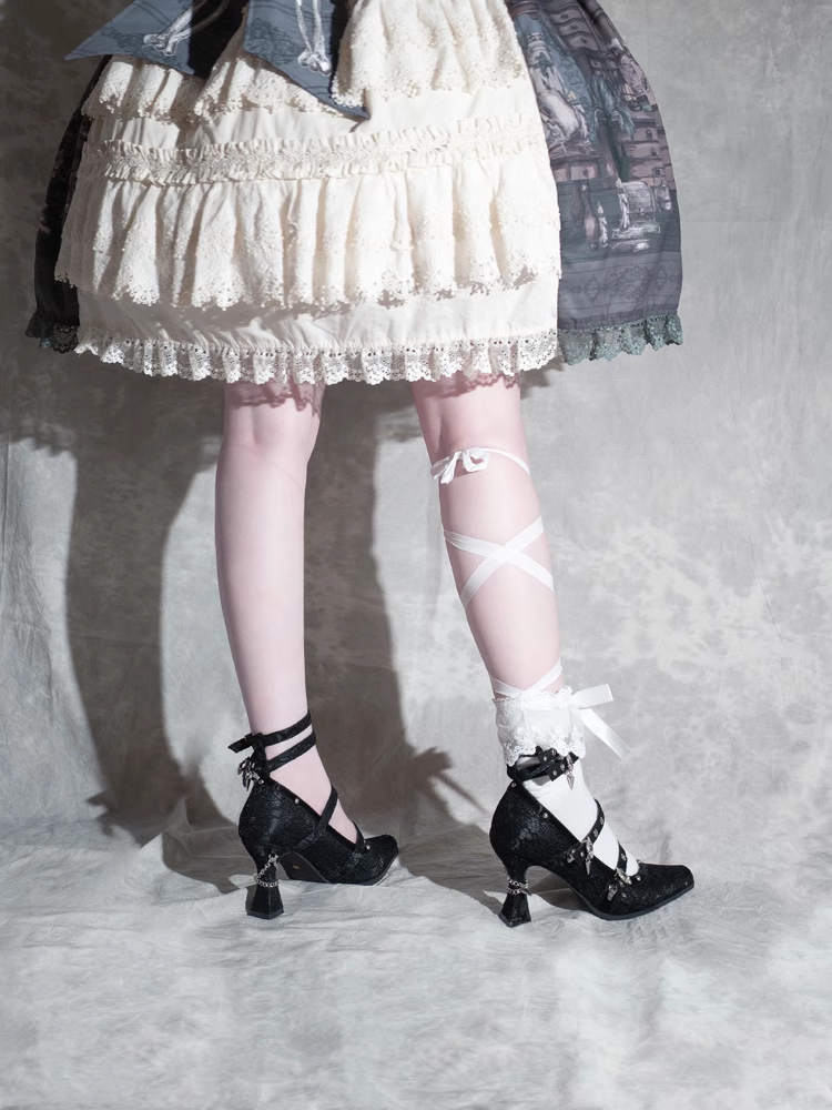 Gothic Black Pointed Toe  Lace 8.5cm High Heels Multiple Buckle Straps