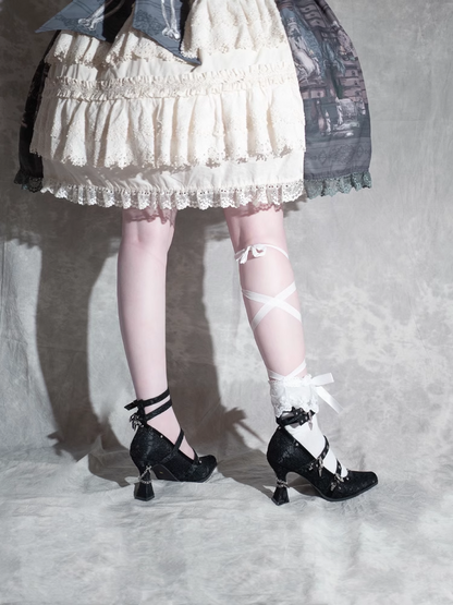 Gothic Black Pointed Toe  Lace 8.5cm High Heels Multiple Buckle Straps