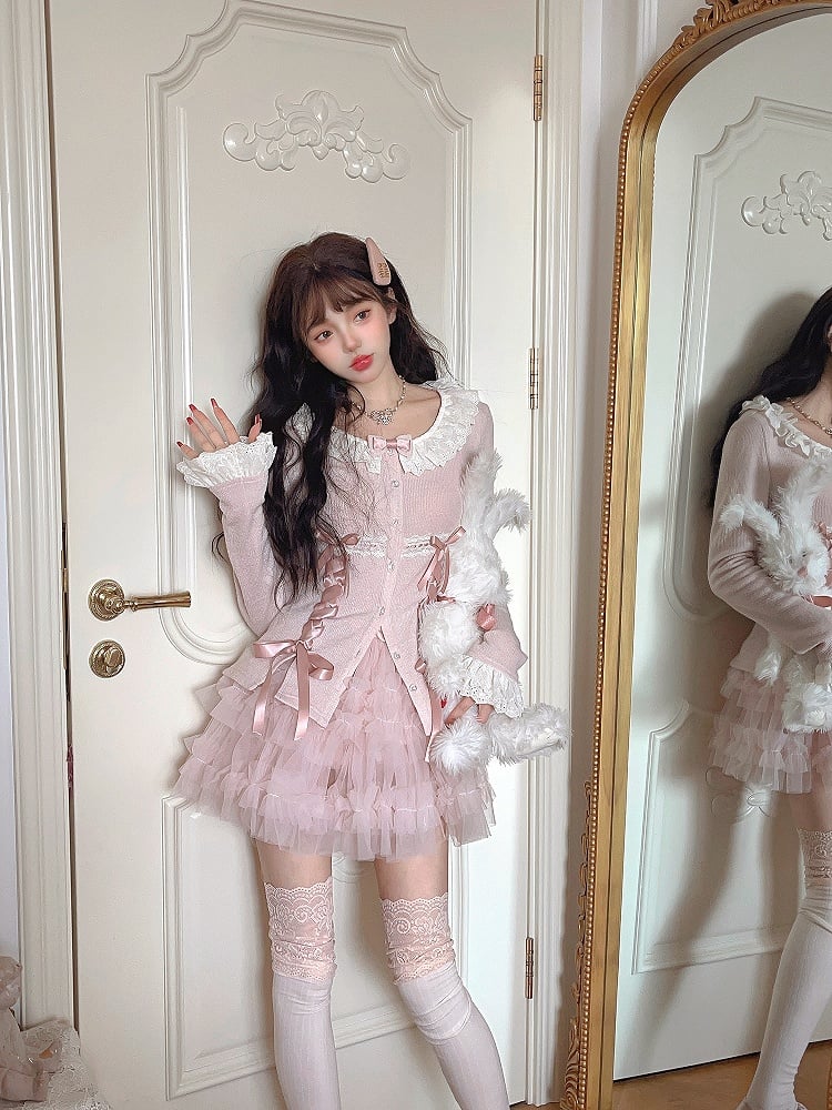 Rosa Strickjacke mit gerüschten Spitzenband-Schleifen-Akzenten