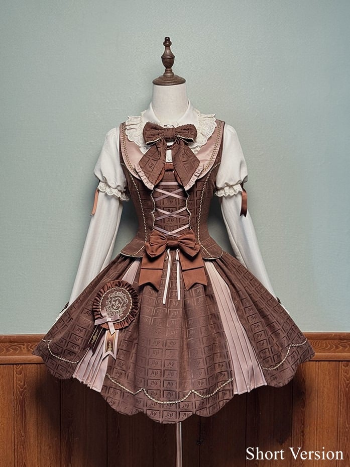 Scoop Scalloped with Dress Chocolate Lolita Edge Sweet Hem Neckline Brown