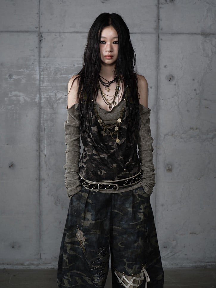 Studded Design Camo Accents Green Vintage Knit Cold-Shoulder Punk with Top