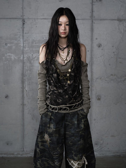 Studded Design Camo Accents Green Vintage Knit Cold-Shoulder Punk with Top