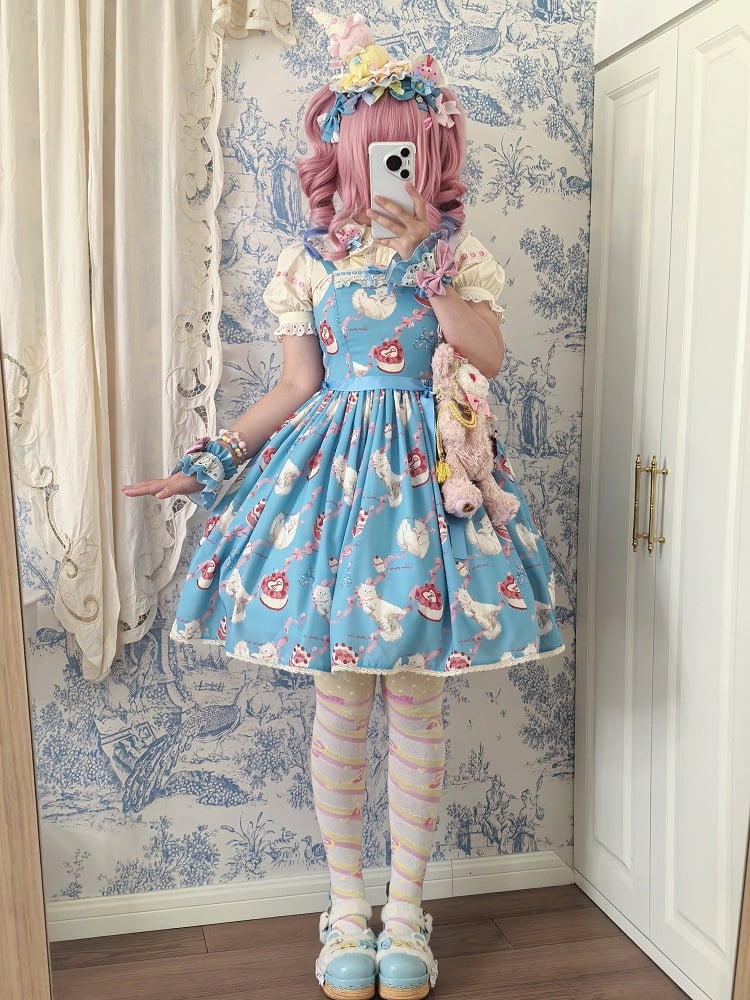 Kleid Print Rock süße Lolita Jumper Showa flauschige Kätzchen blau süß