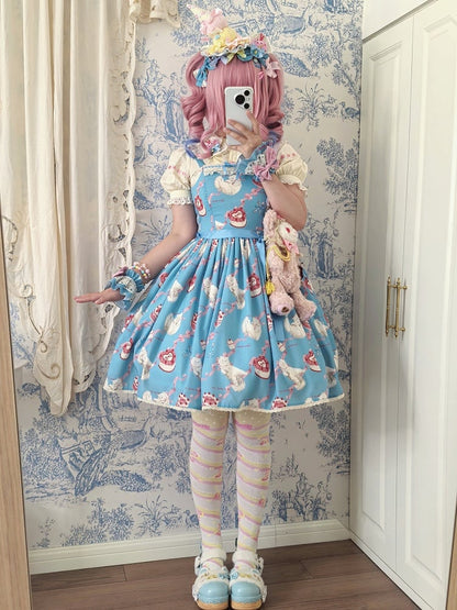 Kleid Print Rock süße Lolita Jumper Showa flauschige Kätzchen blau süß