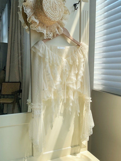 Langarm Tüll Kaskadierende transparente Trim Top Beige Rüschen gepunktet