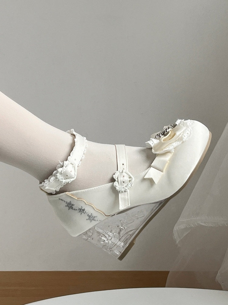 Elegant White Slope Heel Lolita Shoes with Lace and Bow - Vintage Sweetheart