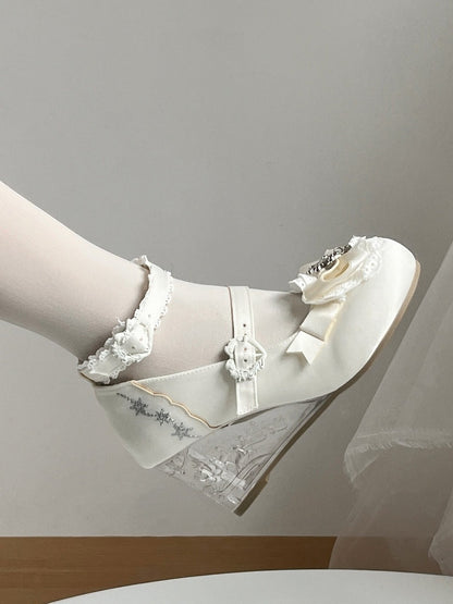 Elegant White Slope Heel Lolita Shoes with Lace and Bow - Vintage Sweetheart