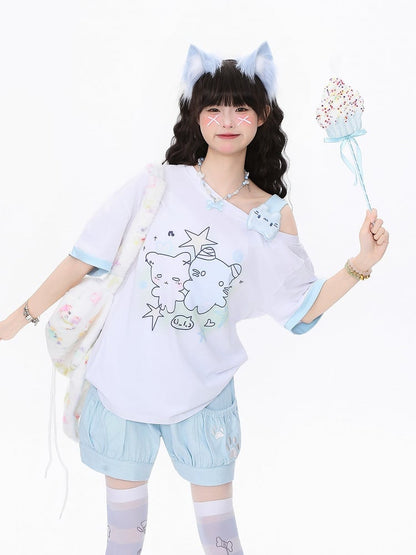 Embroidered Dog Paw Shorts Blue/Pink/Black