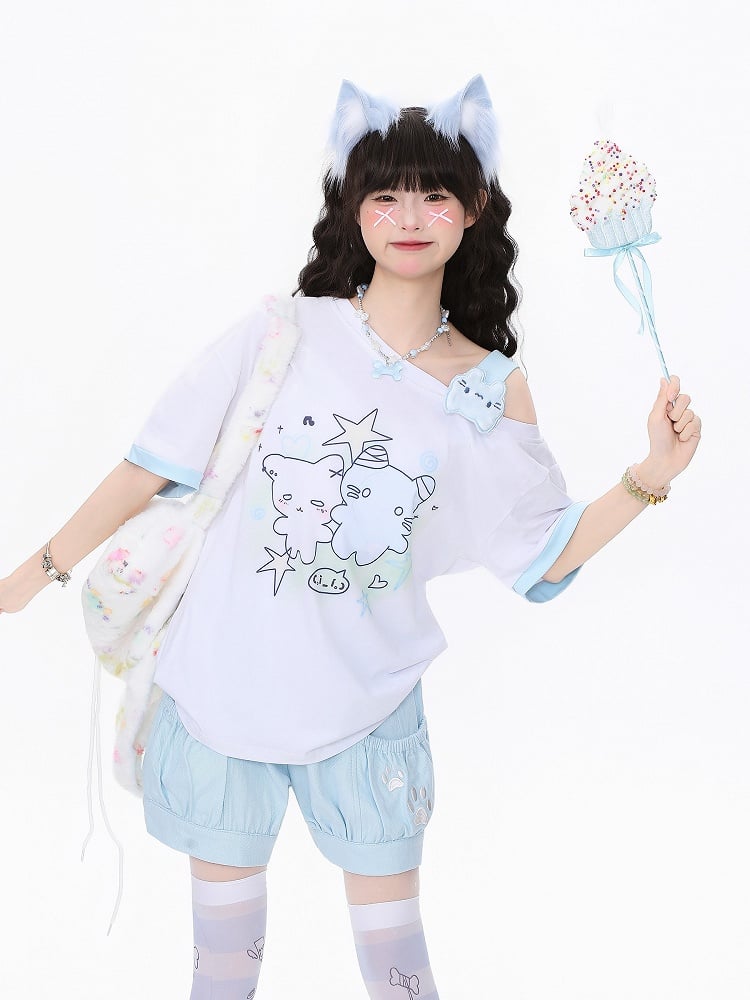 Playful Kitten One-Shoulder Tee Blau/Apricot/WeißSchwarz