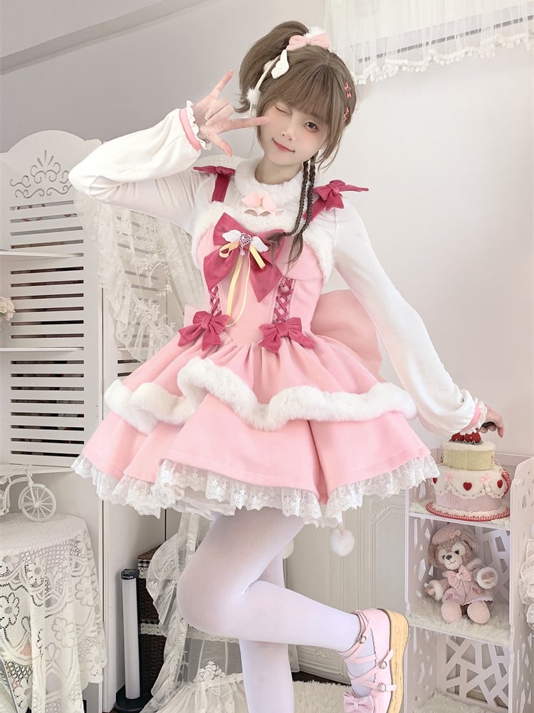 Bowknot Details Lace-up Basque Waist Pink Lolita Jumper Skirt Sweet Dress