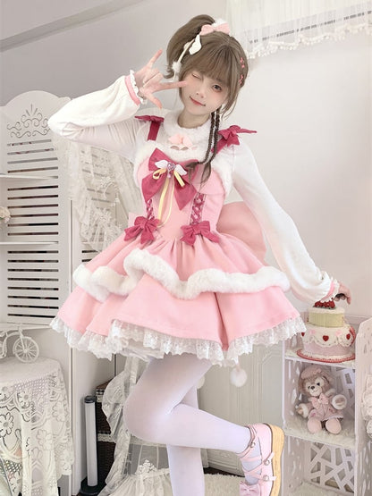 Bowknot Details Lace-up Basque Waist Pink Lolita Jumper Skirt Sweet Dress