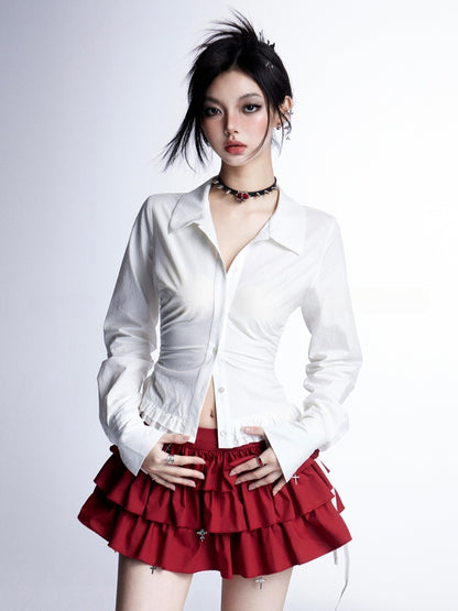 Tiered Skirt Red Cross Applique White Cropped Charms Strapless Top/Red Cross Gothic