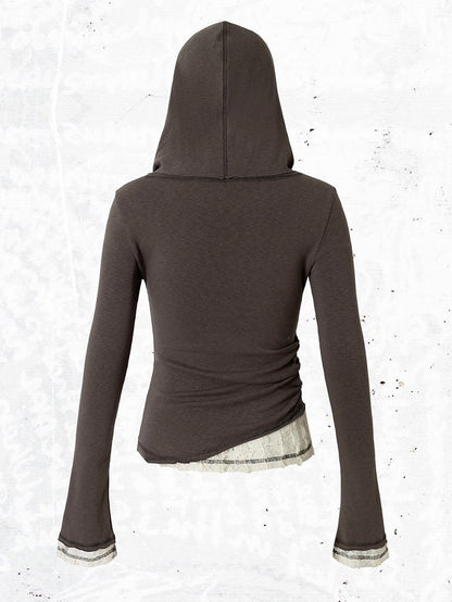Dark Slim-fitting Button with Gray Hooded Top Placket Partial V-neck Two-piece Version