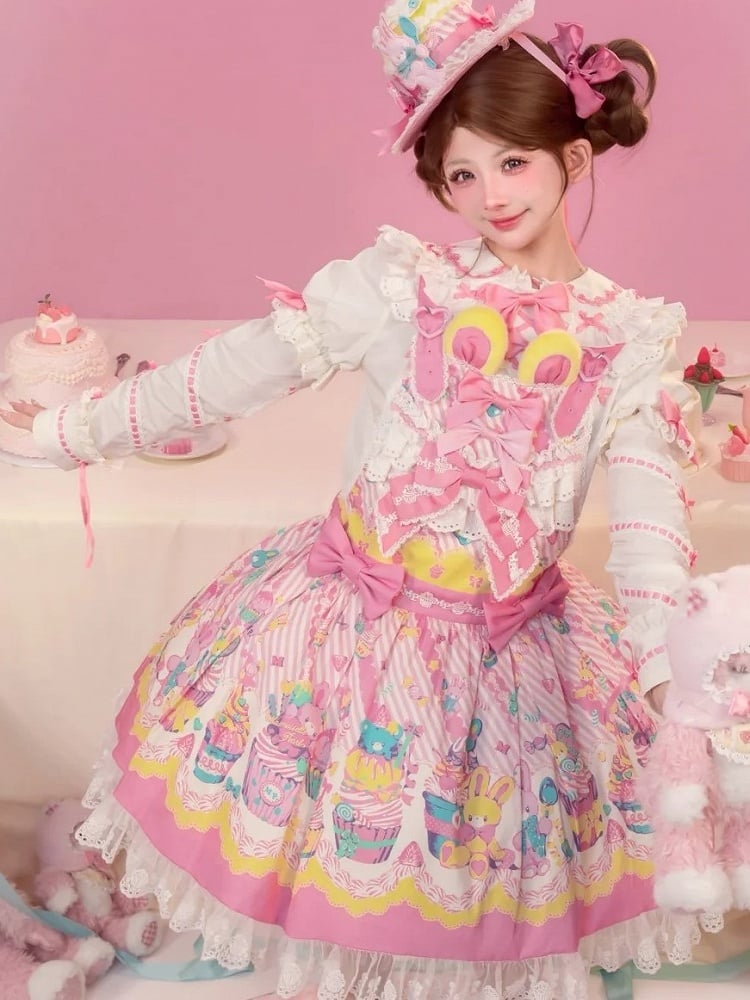 Pan Pink White Peter Lolita Blouse with Collar Bunny and Accents Ears Bow Dark