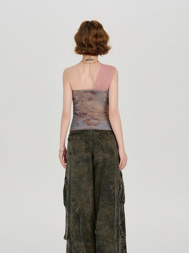 Retro Printed Pink Tulle Colorblock Top - Girlyhalo