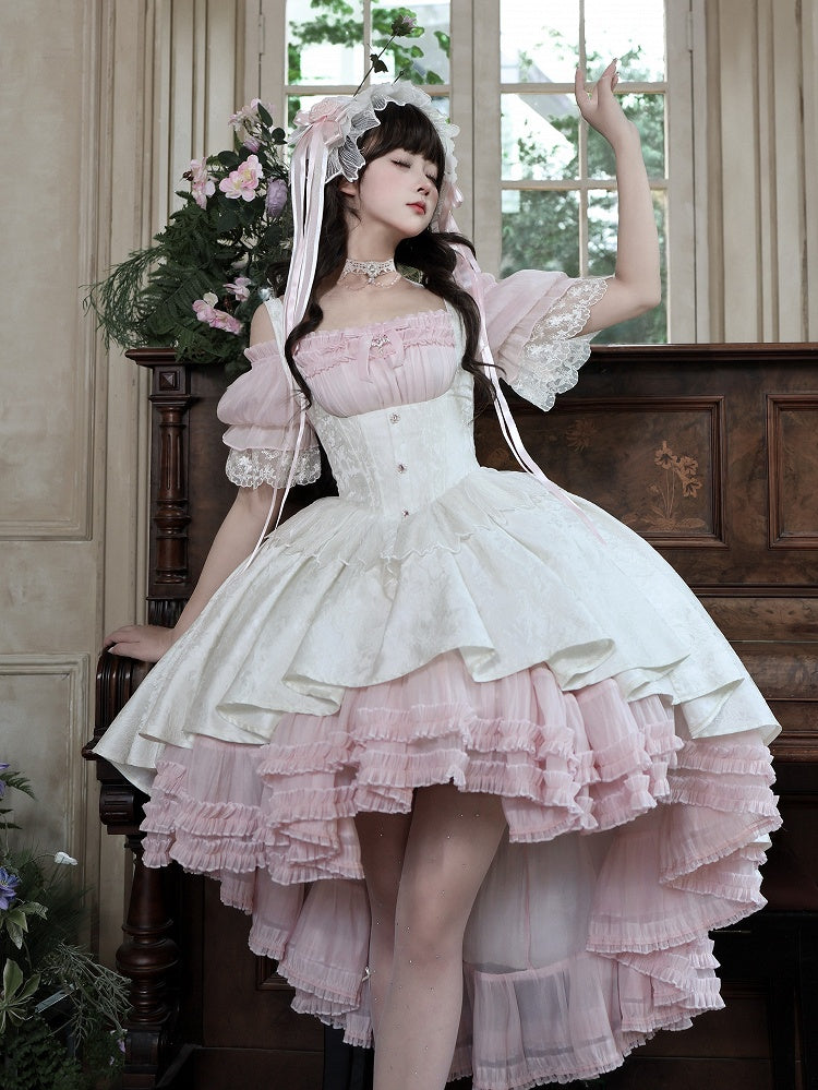 Gothic Underbust JSK Dress with Off-Shoulder Blouse, Pink & White, High-Low Skirt - Sheer Ocean