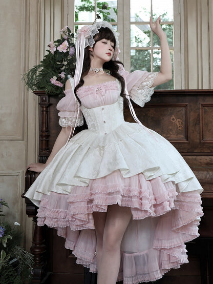 Gothic Underbust JSK Dress with Off-Shoulder Blouse, Pink & White, High-Low Skirt - Sheer Ocean
