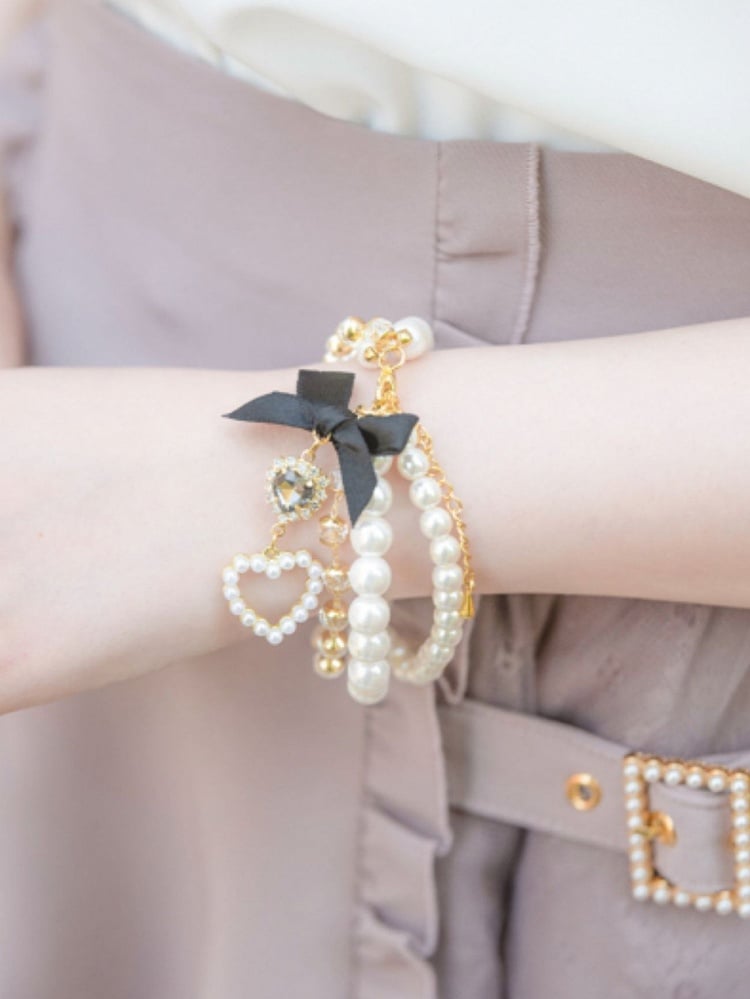 Black / Three-Layer Kei Rhinestone Chain Pink Bracelet Heart Jirai Pearl