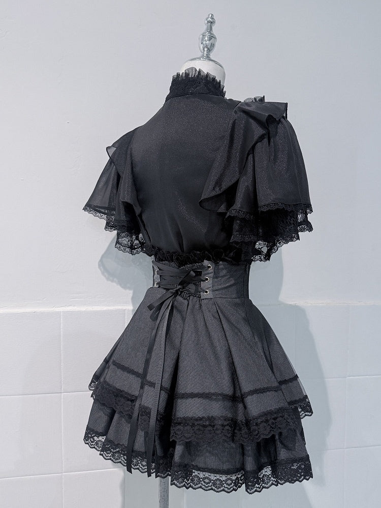 Black Jirai-Kei Lace Butterfly Sleeve Blouse with Hand-tied Bow - shirohato