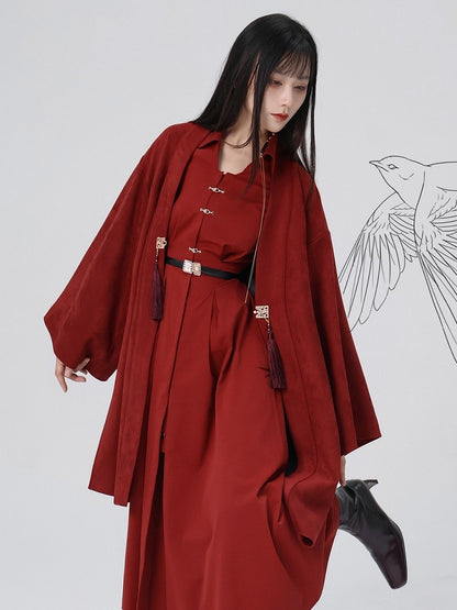 with Decor Lettering Coat - Print Tree Removable Chinese Unisex Embroidery Red Tassel Mountain