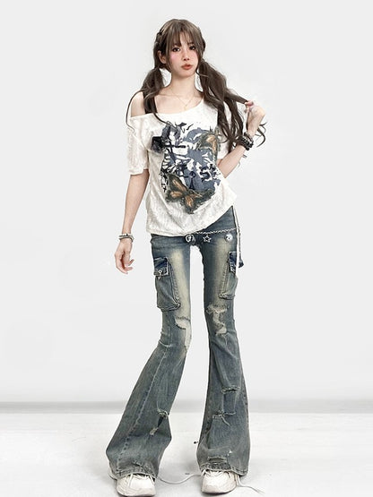 Butterfly Bittersweet Neckline Kawaii T-shirt Asymmetrical Applique White