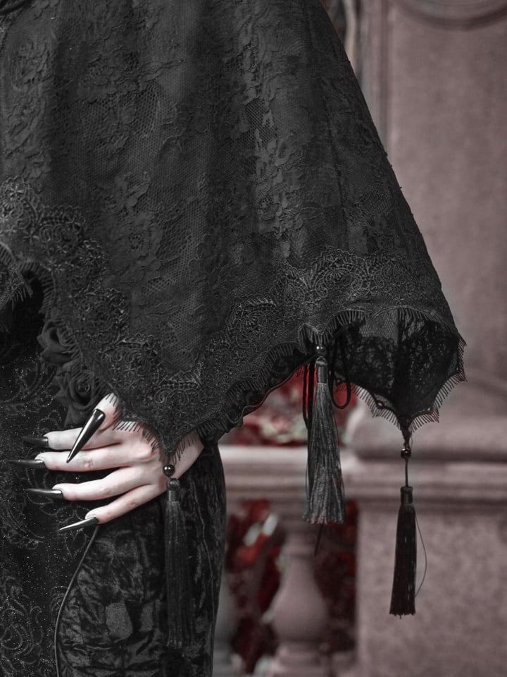 Tassels Hem Stand Shawl Lace Goth Collar Vampire Cape Black