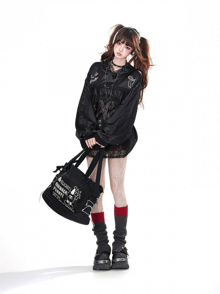 Black/White Bowknot Embroidery Contrast Lace Patches Loose Hoodie