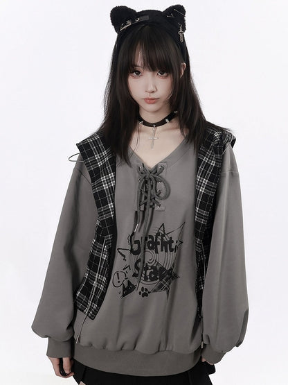 Gray Graffiti V-Neck Sweatshirt with Detachable Plaid Hooded Shawl & Lace-Up Detail - PINK SAVIOR