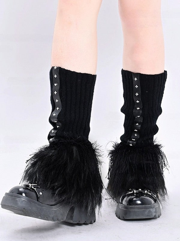 Schwarz-weiße Gothic-Strick-Beinwärmer mit Plüschbündchen