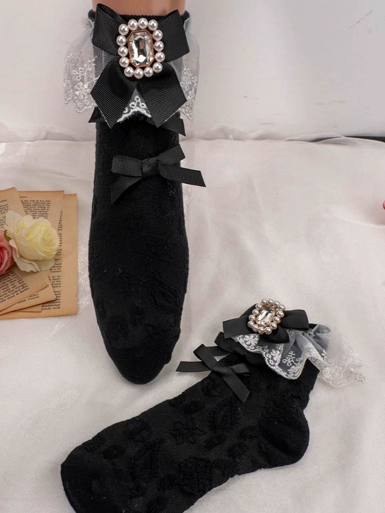 Stulpensocken Strass Schleife Kei Jirai Spitze Wadendetails Weiß/Schwarz