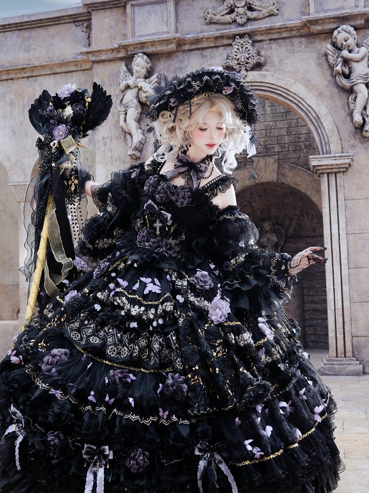 Floor-Length Black & Purple Hanayome Hime Dress with Butterfly and Flower Accents - Cat Fairy Lolita