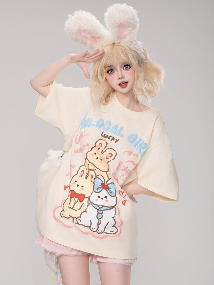 ピンク/ブラック/アプリコットバニーズルーズTシャツ