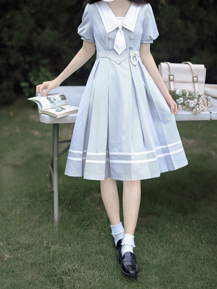 Weiß Gestreiften und Kleid Sommer Ärmeln Taille Puff Blau Gürtel mit