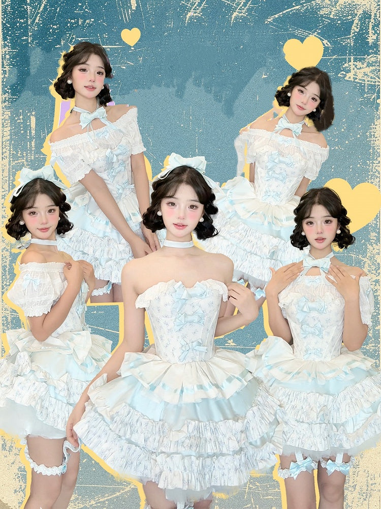 Cropped Details Bodice Floral Strapless Top + Tiered Skirt + Ful Blue Bowknot on Set Top