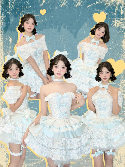 Cropped Details Bodice Floral Strapless Top + Tiered Skirt + Ful Blue Bowknot on Set Top