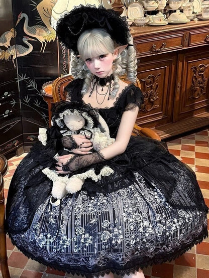 Black Gothic Square Neck JSK Dress with Train - Miss Han
