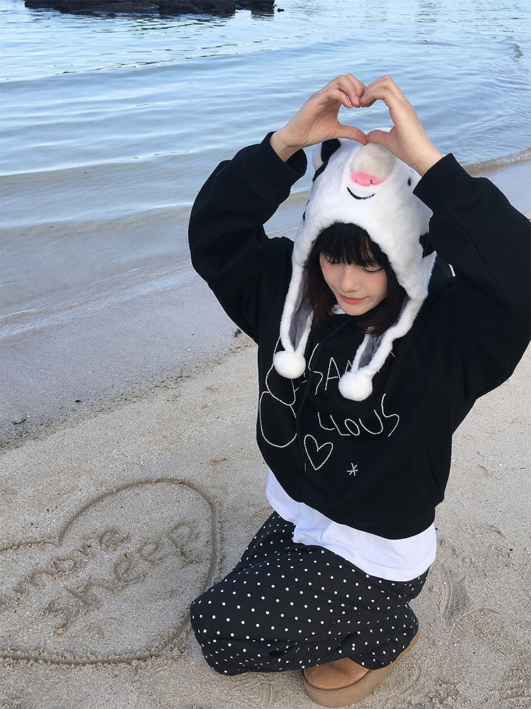 White / Snowman Hoodie Fleece-Lined with Black Bead Lace-Trimmed Hood and