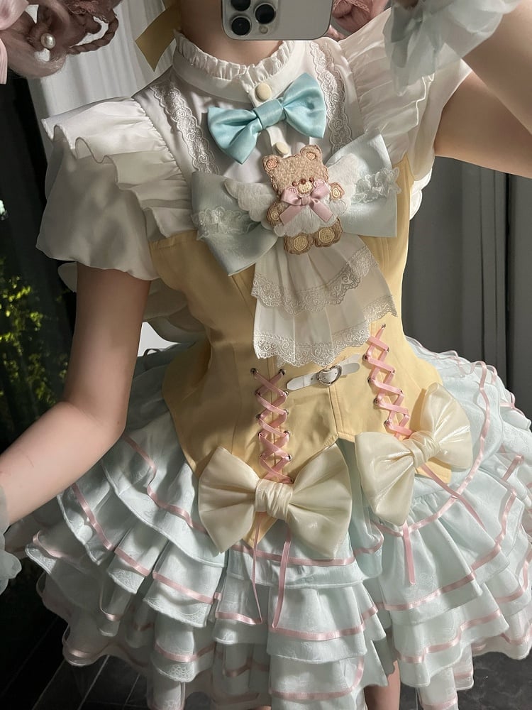 Bear Angel Lolita Full Set: Short-Sleeve Top, Ruffle Skirt, Wings & Bow - Sweet Dream Box