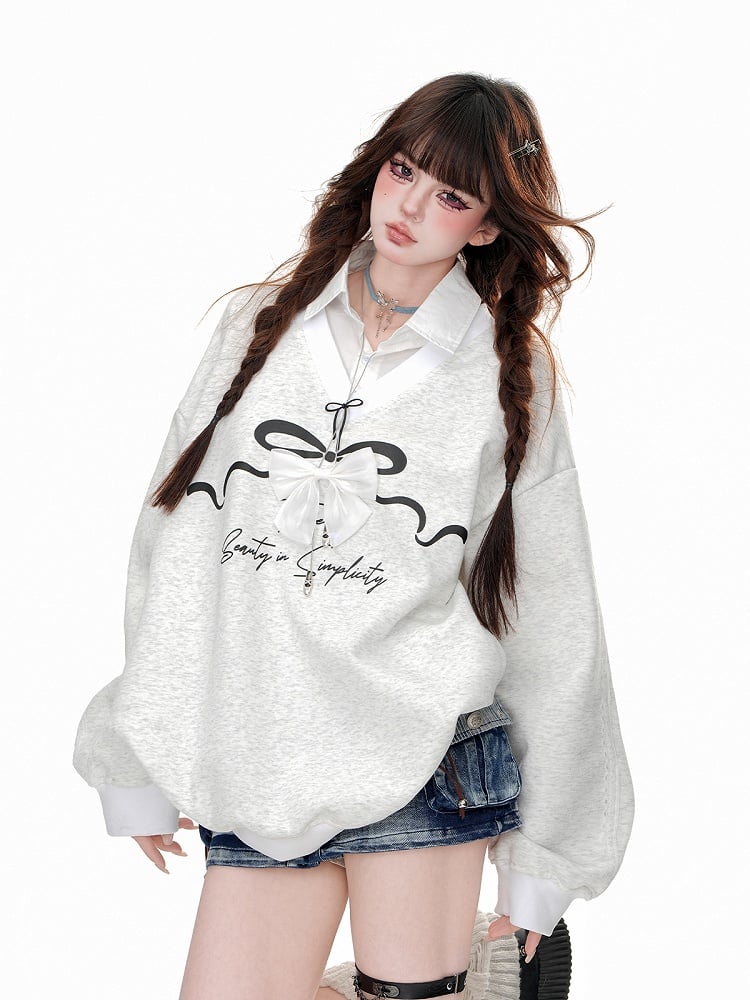 Graues zweiteiliges Sweatshirt-Poloshirt mit abnehmbarem Kragen und Schleife